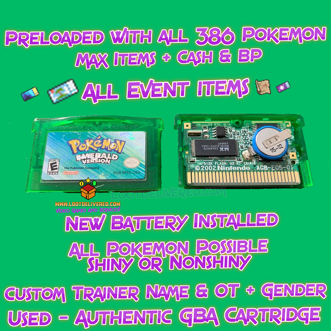 Pokemon Emerald | Preloaded 386 Shiny Pokemon | Brand New Battery Authentic Cartridge | GBA DS | Generation 3