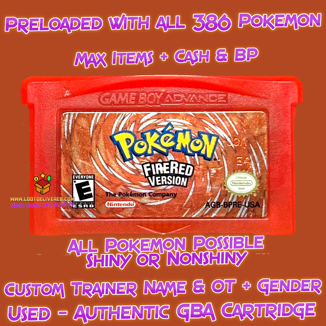 Pokemon Fire Red preloaded with All 386 Shiny Pokemon & items - Authentic Cartridge