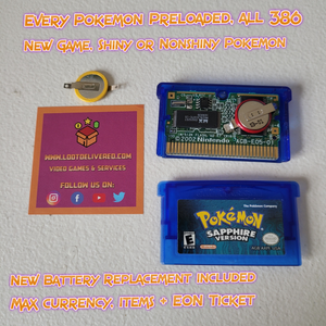 Enhanced Pokemon Sapphire | Preloaded Pokedex - 386 Shiny Pokemon | Brand New Battery Installed | Generation 3 - LootDelivered.com